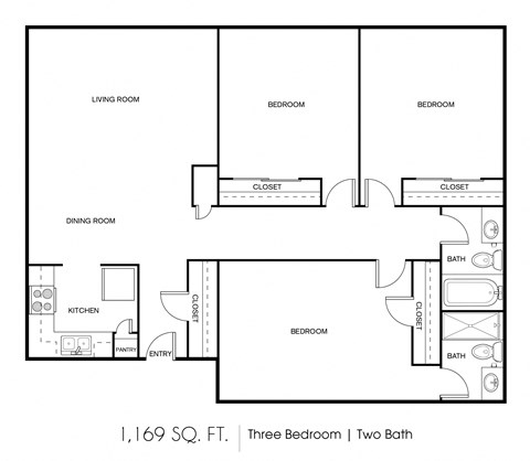 Floor plan for 3 beds, 2 baths, 1169 sqft